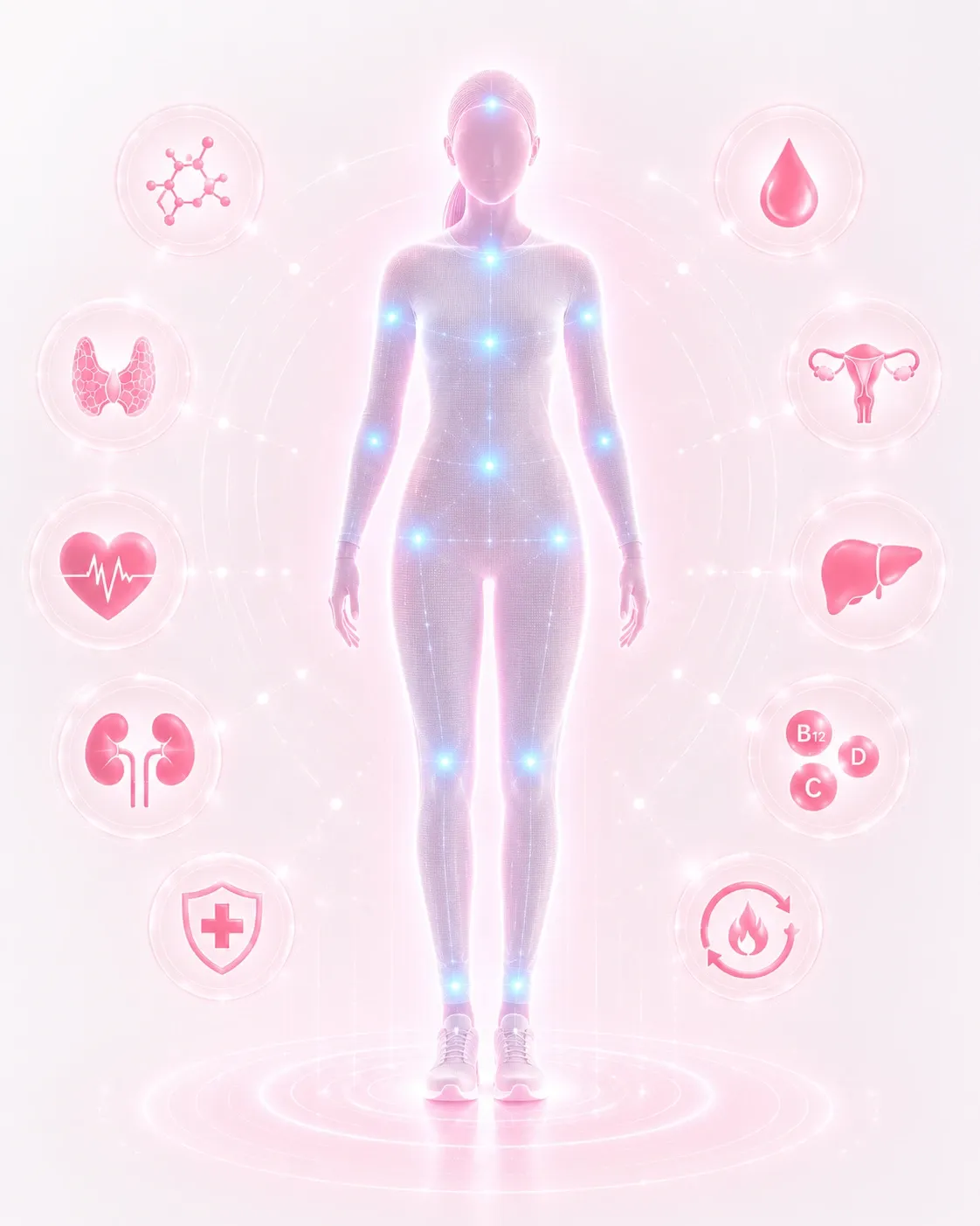 Illustration showing 300+ biomarkers analyzed in a full body health checkup for women in Dubai
