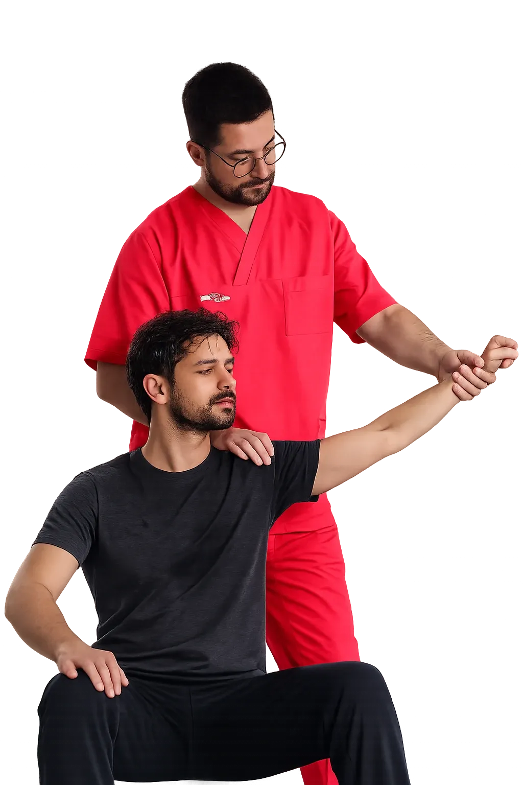 Physiotherapist providing 24/7 shoulder and arm mobility assessment for patient