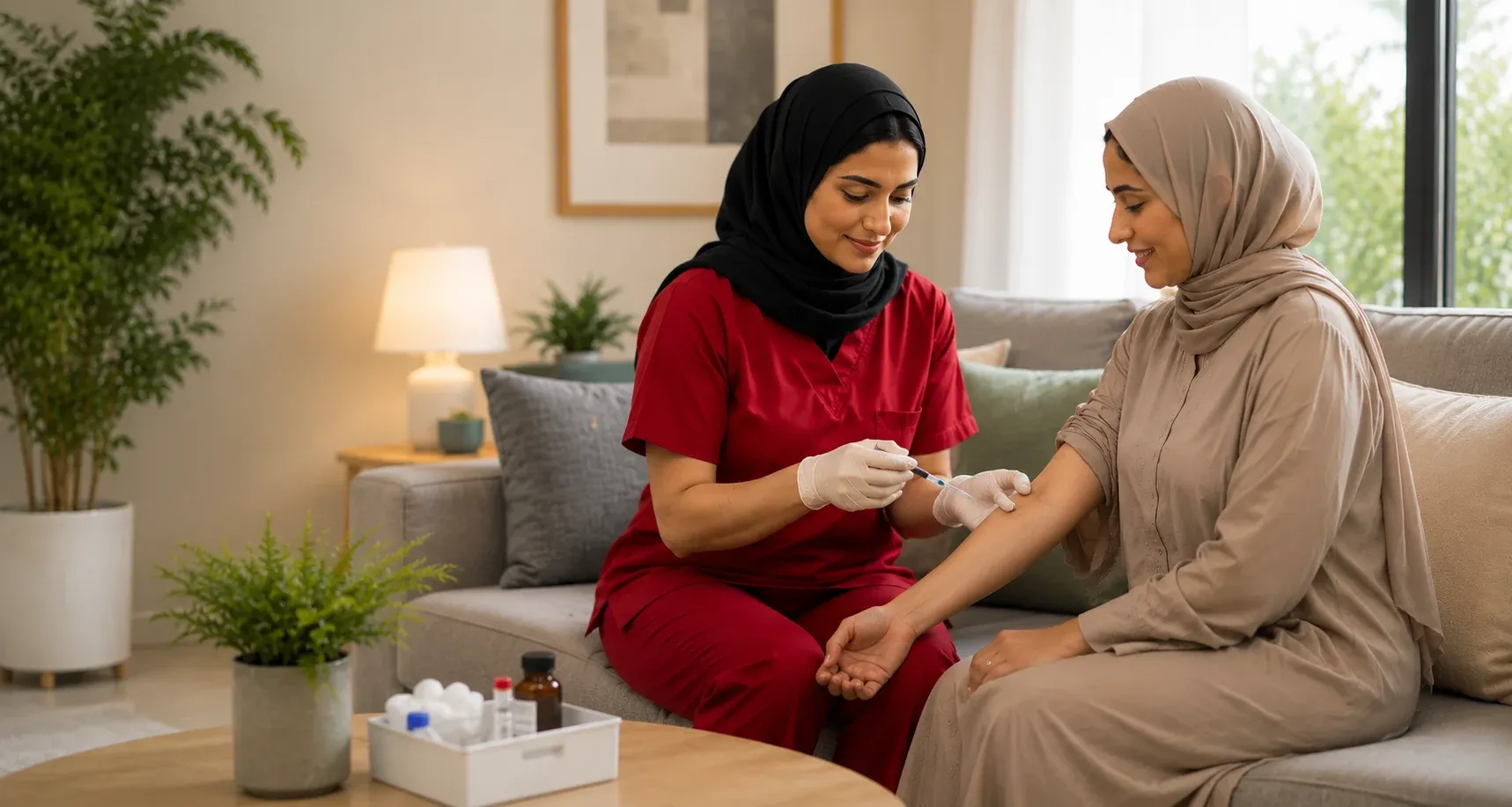 Nurse administering a CBC blood test injection to a woman at home.