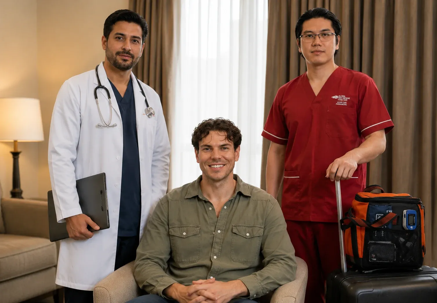 Doctor and medical team with mobile equipment in hotel room