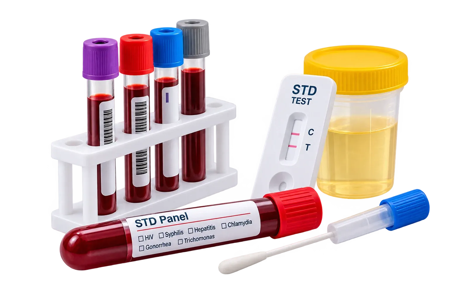 At-home STD screening with blood, urine, and swab test samples.