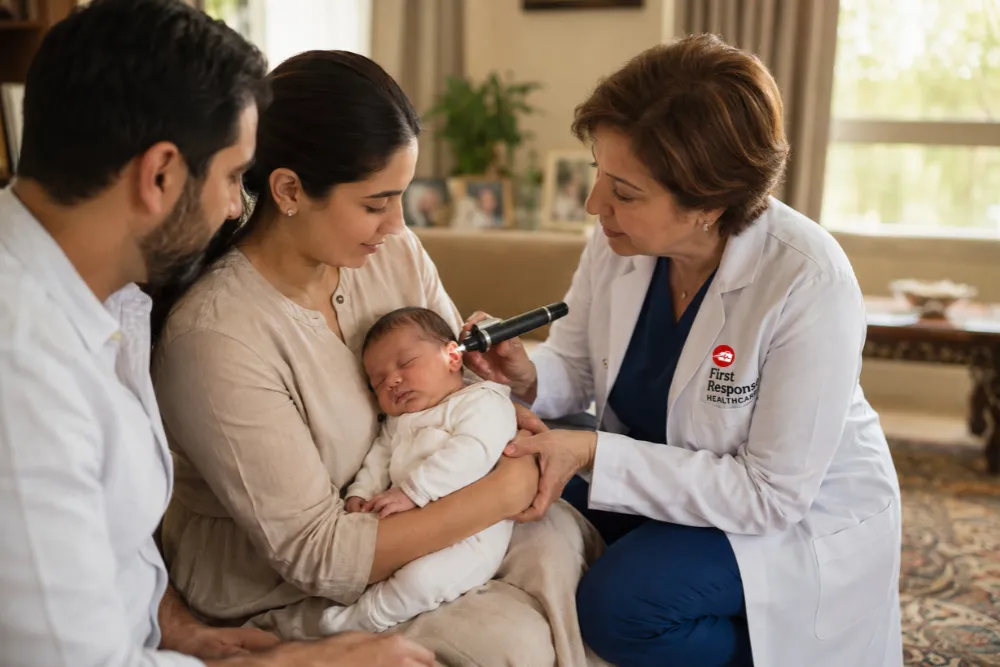 A First Response Healthcare pediatrician using an otoscope to perform a home ear examination on a newborn infant as the parents look on.