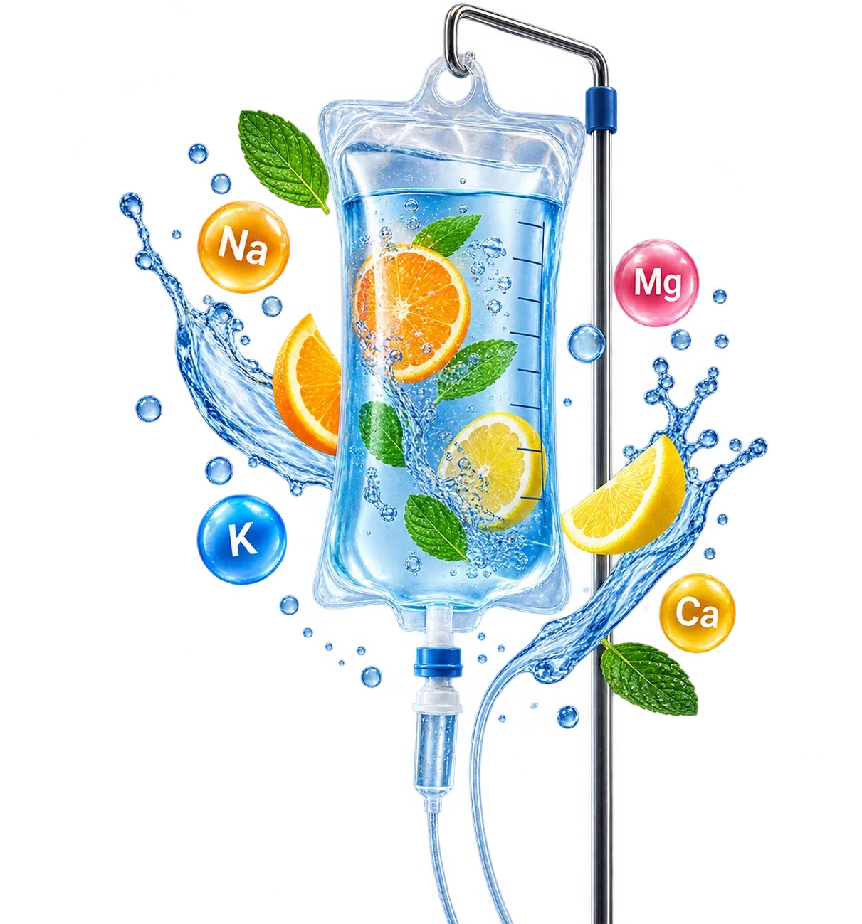 IV hydration bag with electrolytes, citrus, and mint for fluid replacement.