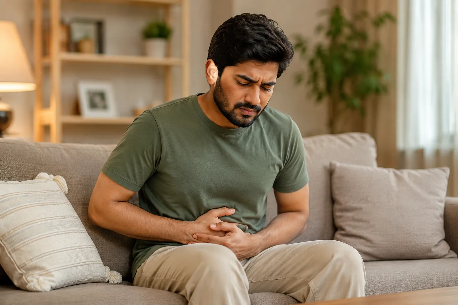 A man holding his stomach in discomfort under warm indoor lighting, depicting abdominal pain in a calm home setting.