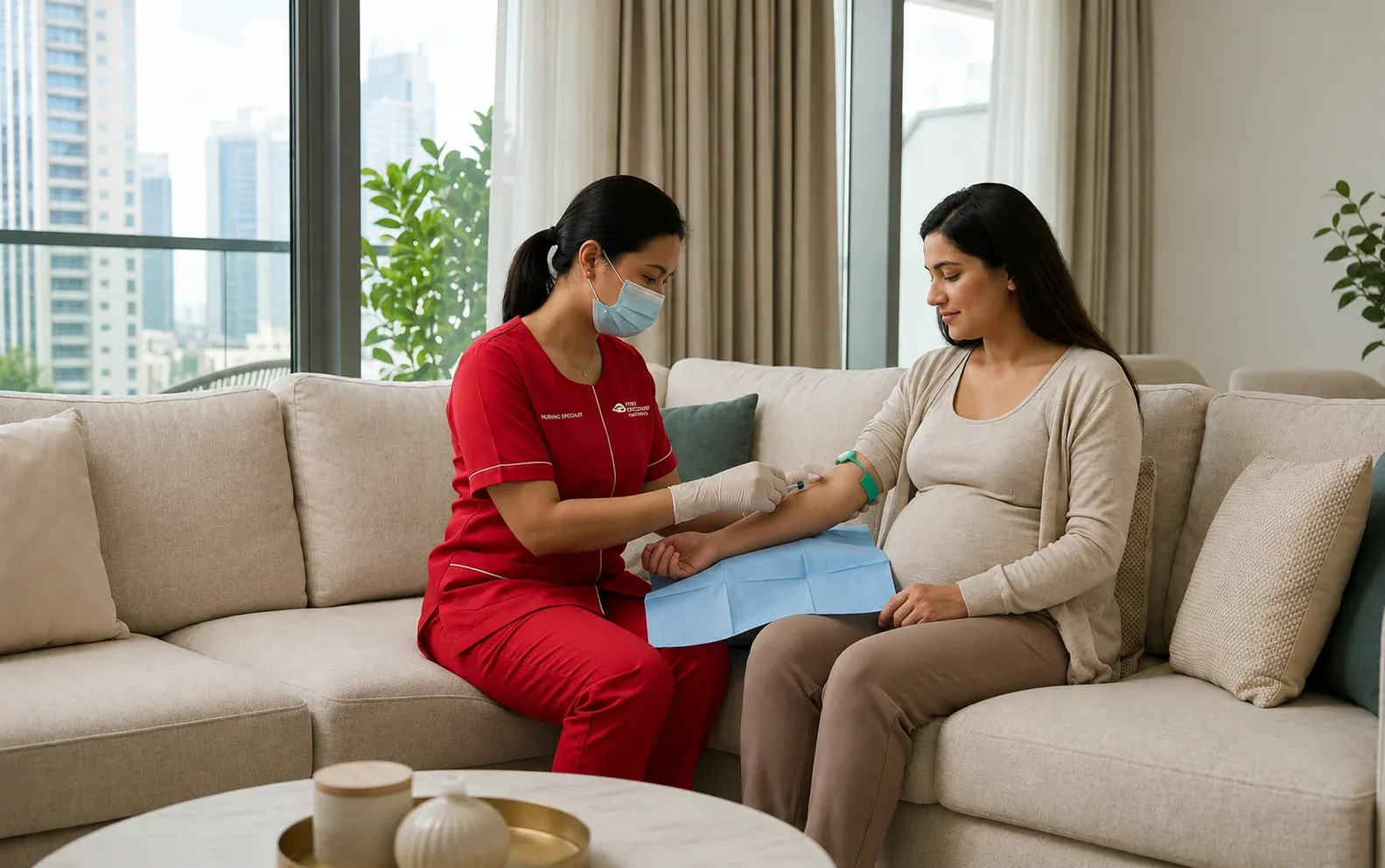 NIPT blood test at home in Dubai with nurse collecting sample from pregnant woman