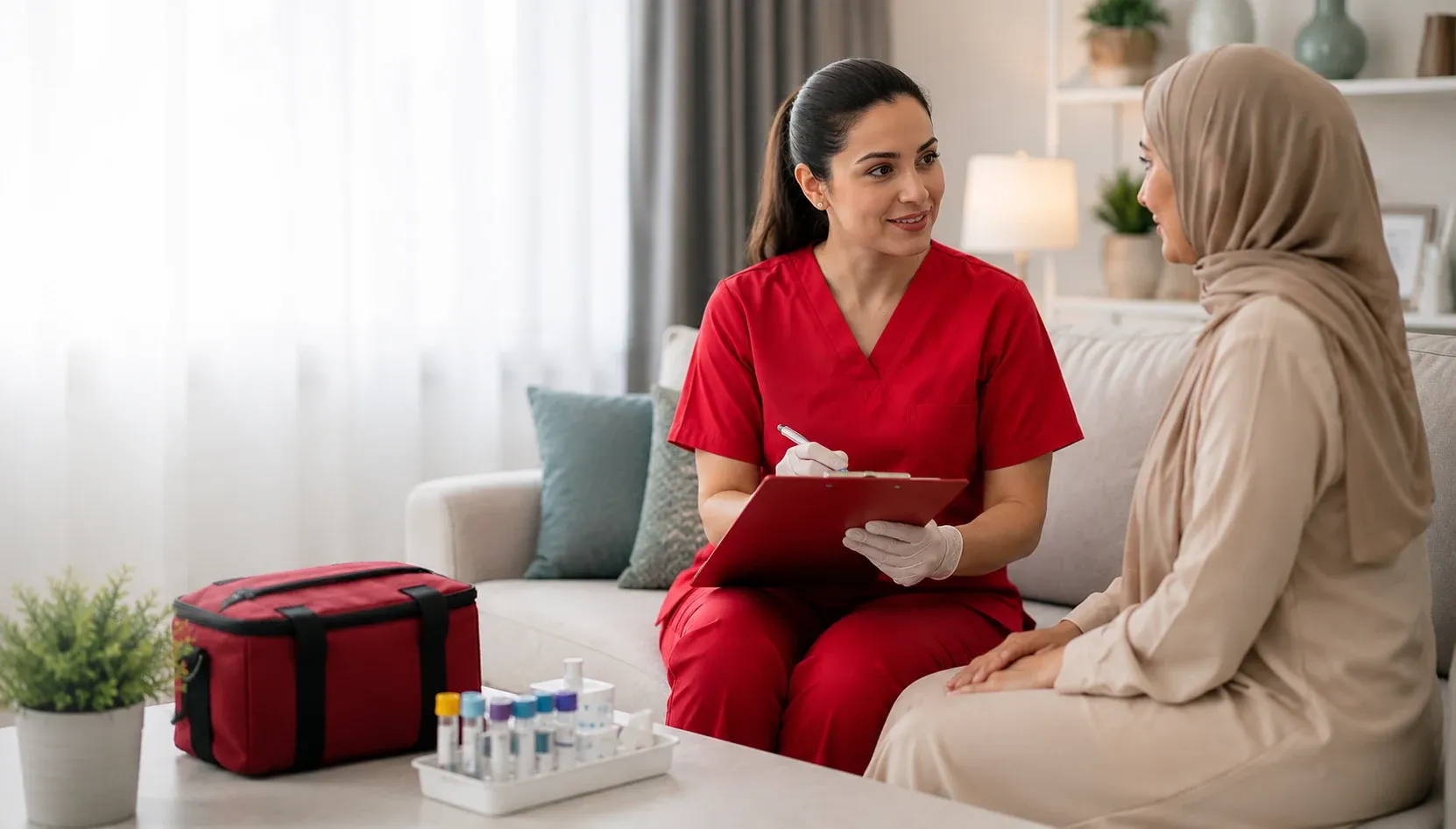 Nurse providing private at-home STD testing to a woman.
