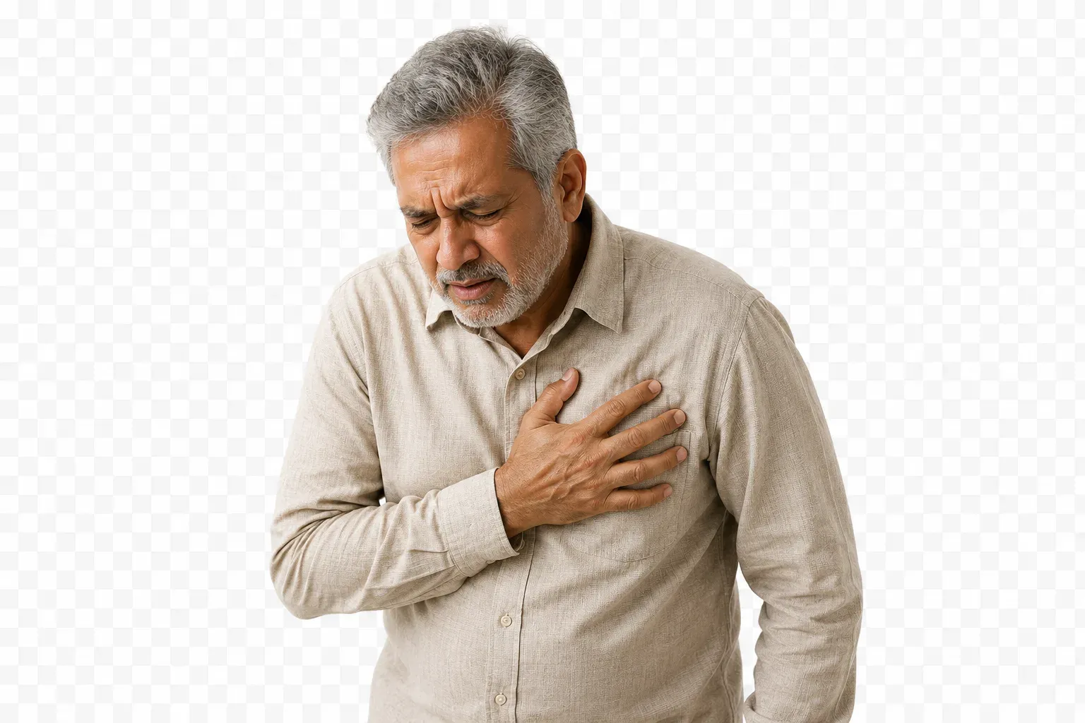 Senior man experiencing chest discomfort, highlighting the need for a full body checkup at home in Dubai