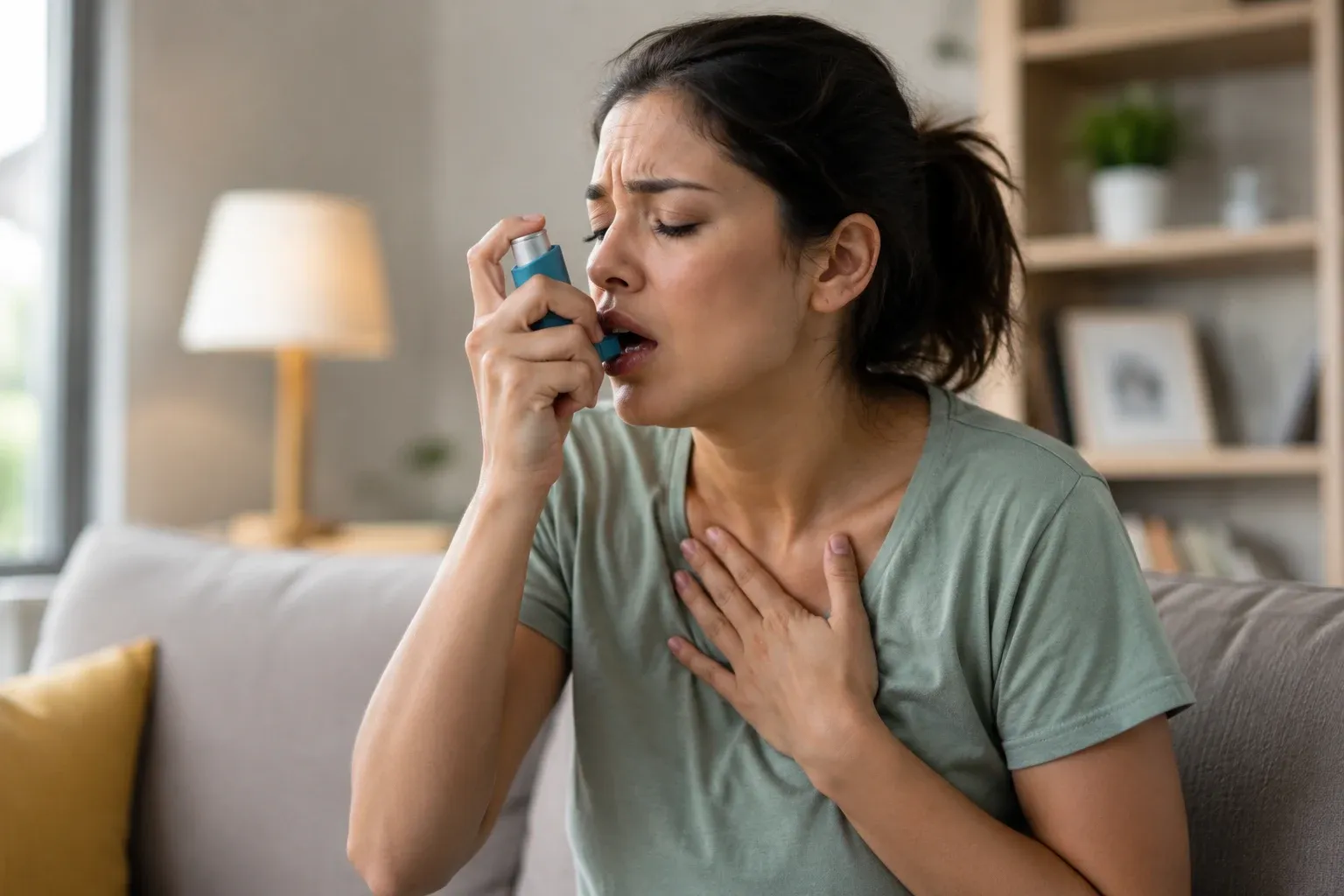 Woman experiencing an asthma flare-up using an inhaler.