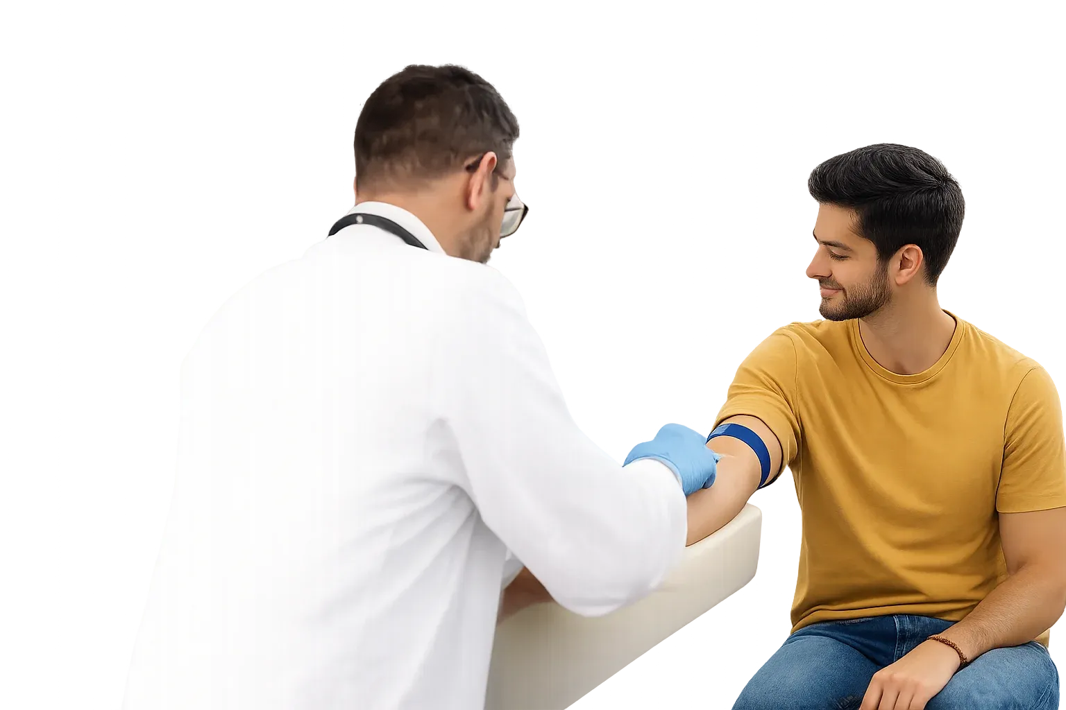 Nurse collecting a blood sample from a male patient during a home health checkup in Dubai