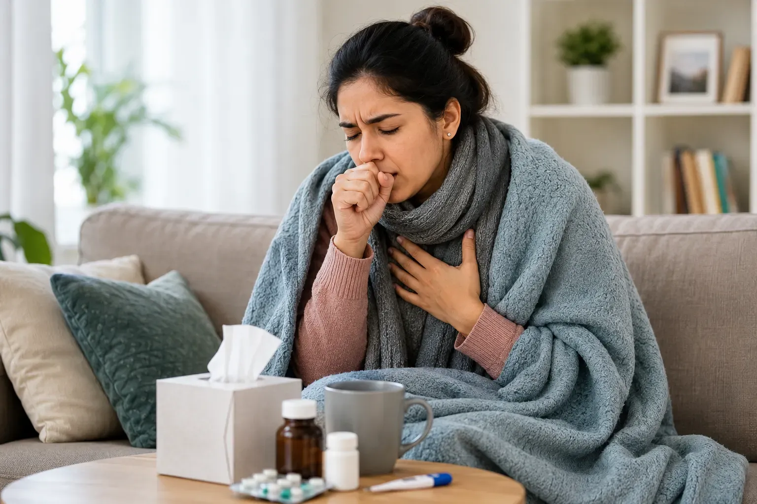 Woman experiencing bronchitis symptoms including persistent cough and chest discomfort at home