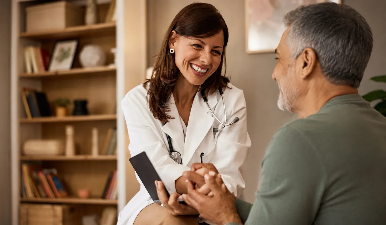 Doctor discussing health checkup results with a male patient at home in Dubai