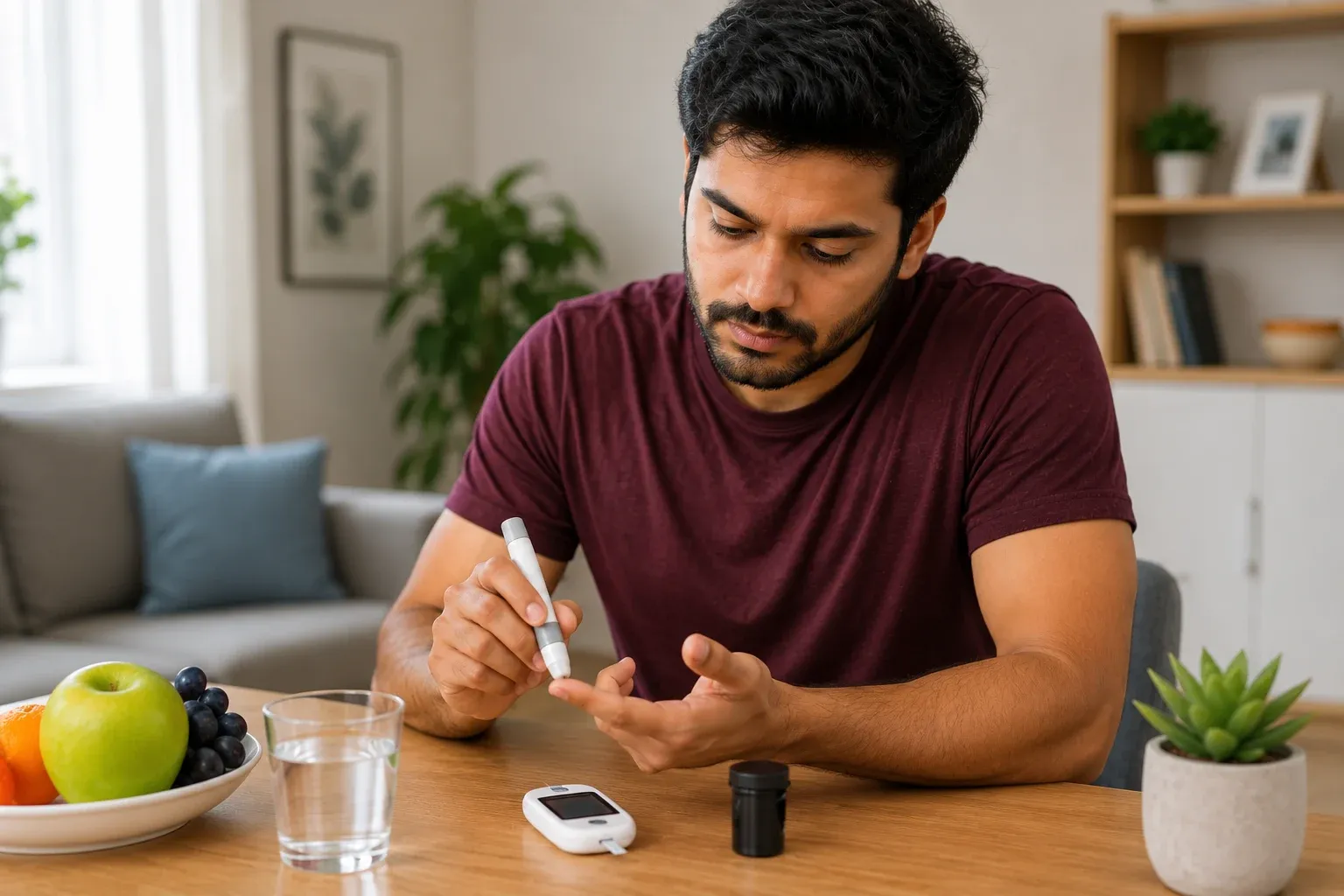 Man monitoring diabetes at home using a glucometer