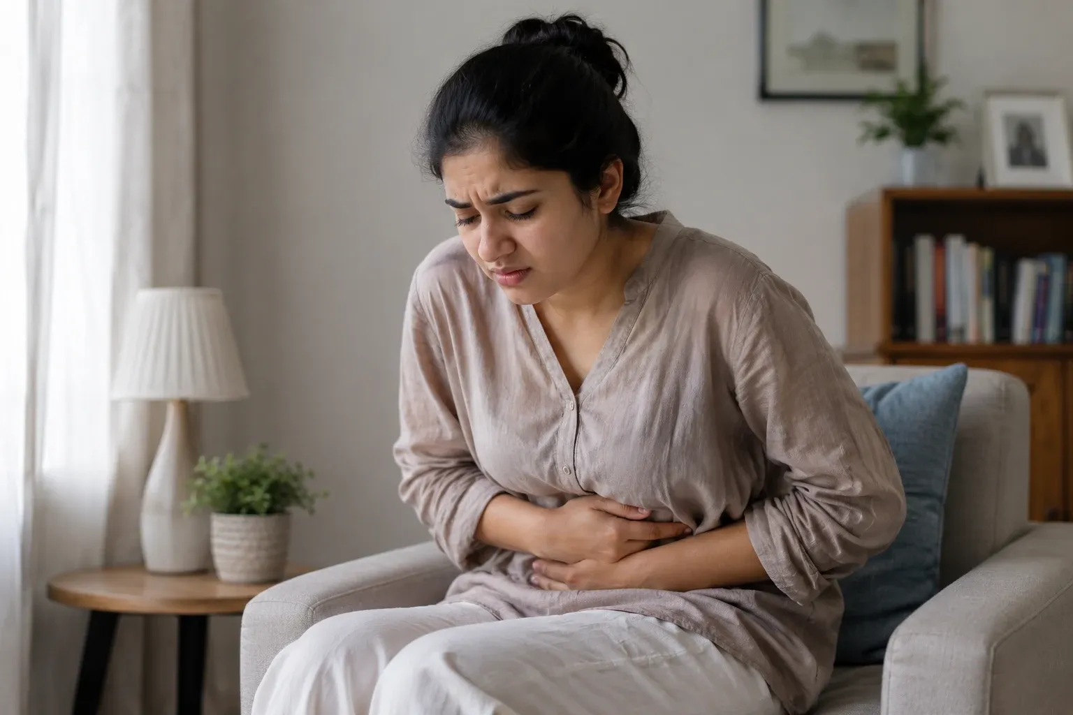 Woman experiencing diarrhoea symptoms