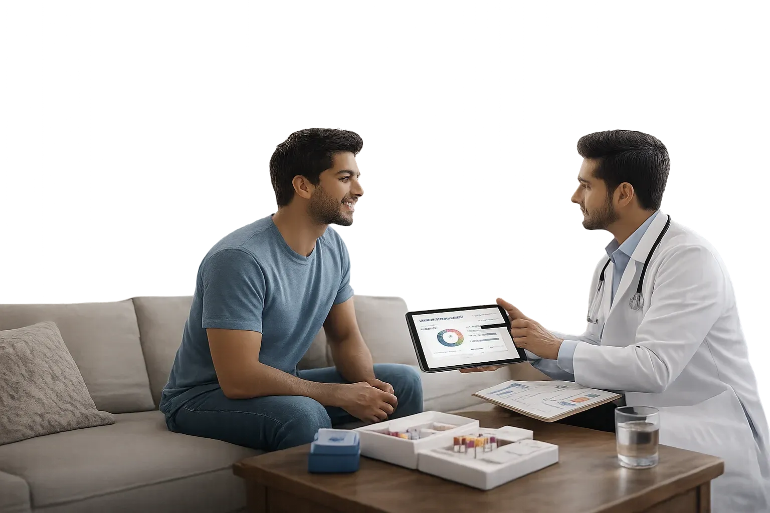 Doctor reviewing health checkup report with a patient during a home visit in Dubai