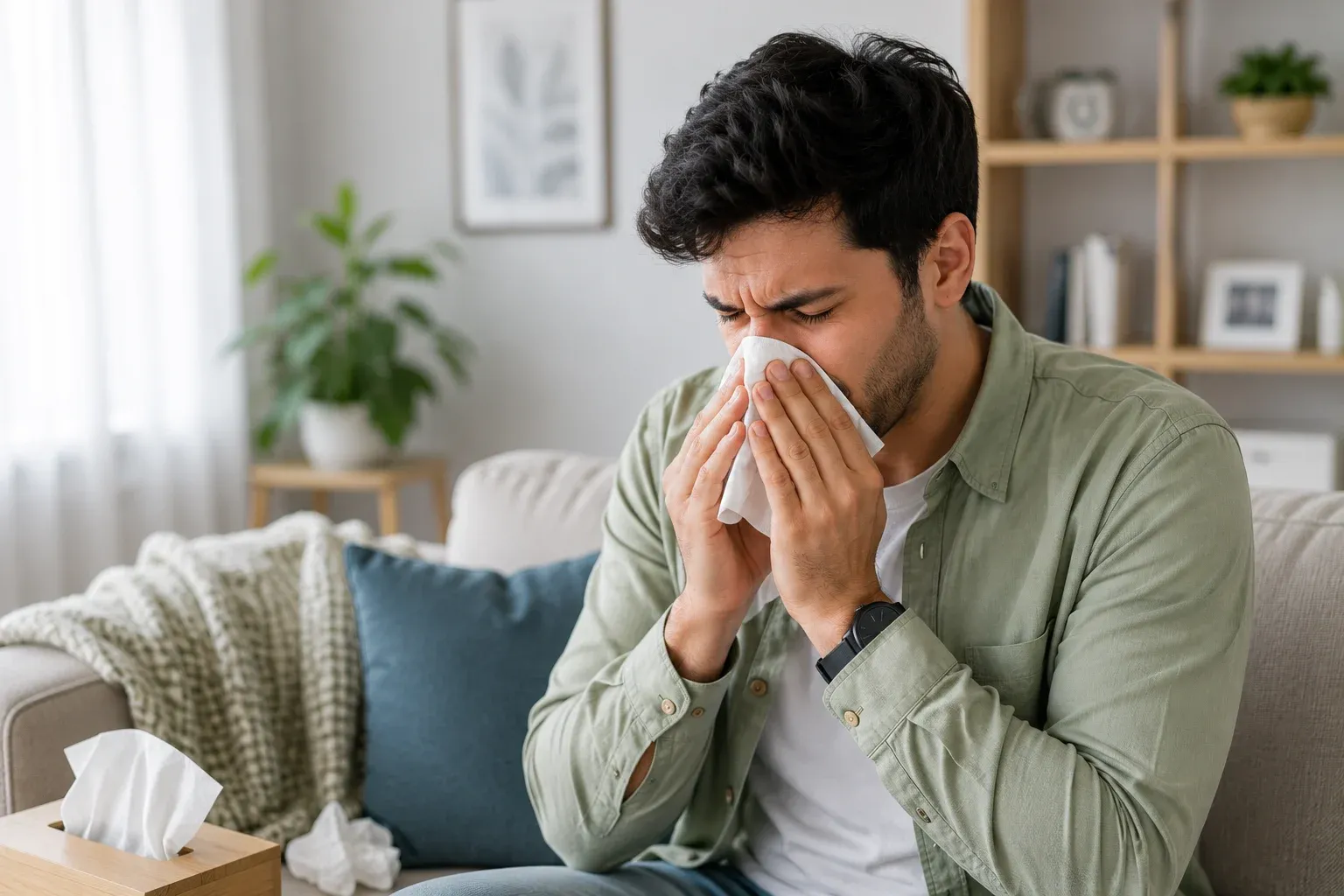 Man experiencing sneezing and nasal congestion from dust allergy
