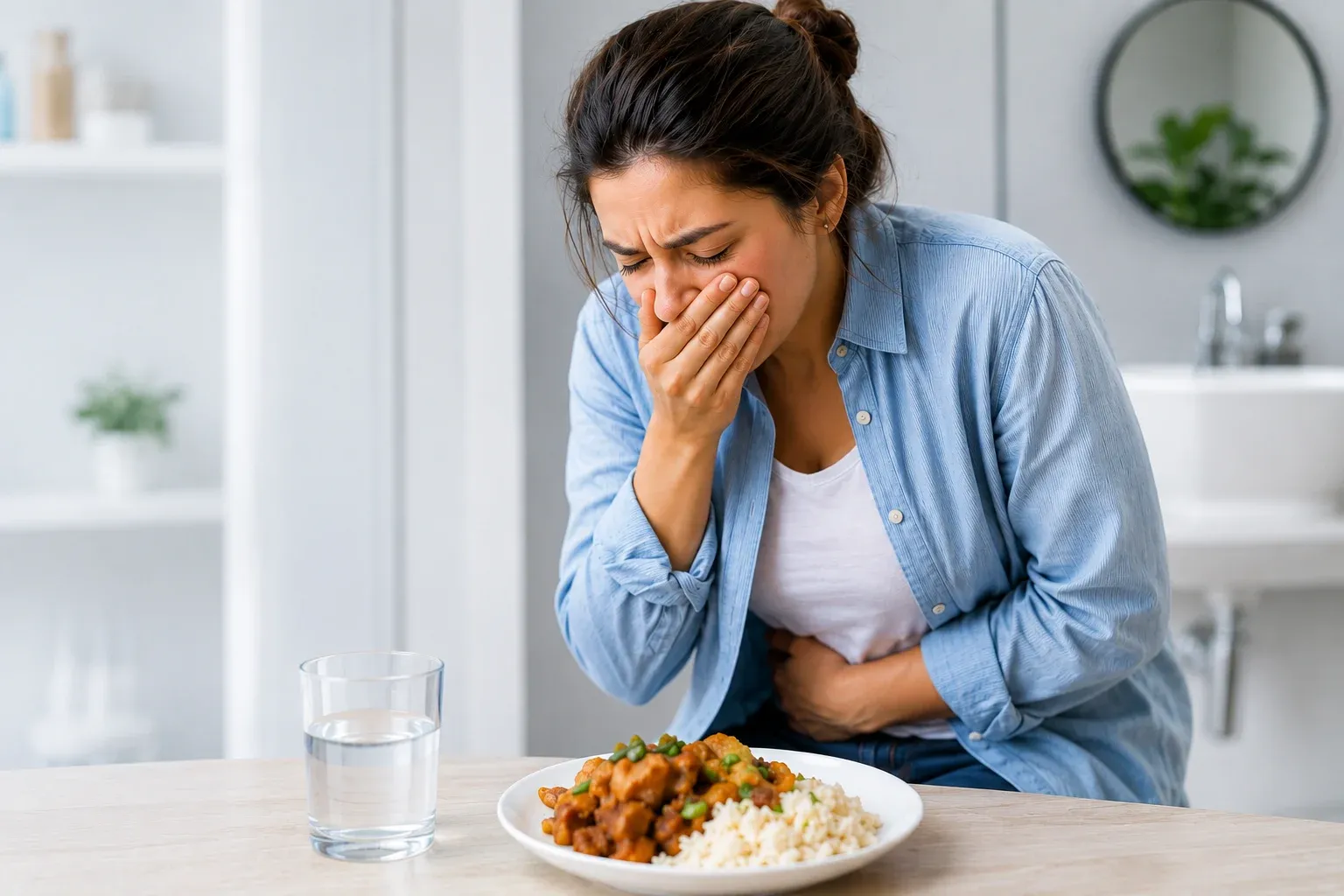 Woman experiencing nausea and stomach pain after eating contaminated food, illustrating common food poisoning symptoms.
