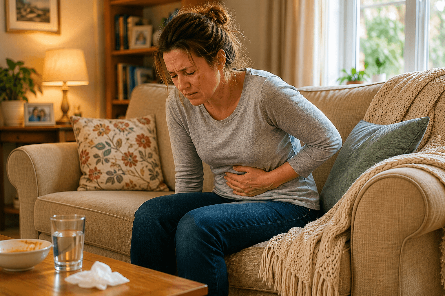 Woman experiencing stomach pain and food poisoning symptoms caused by extreme heat in Dubai