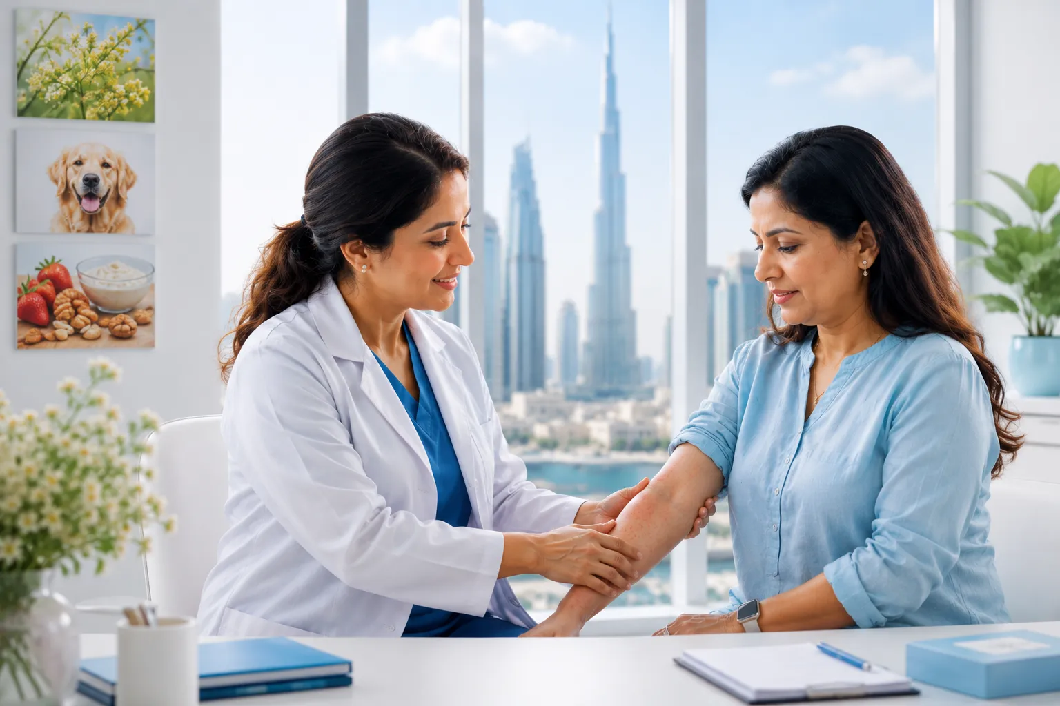 Friendly doctor consulting with a South Asian woman with mild skin allergy redness in a bright modern Dubai clinic with subtle allergy-related elements in the background.
