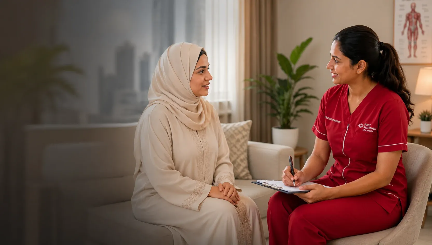 First Response Healthcare physiotherapist consulting a patient for lower back pain treatment in Dubai