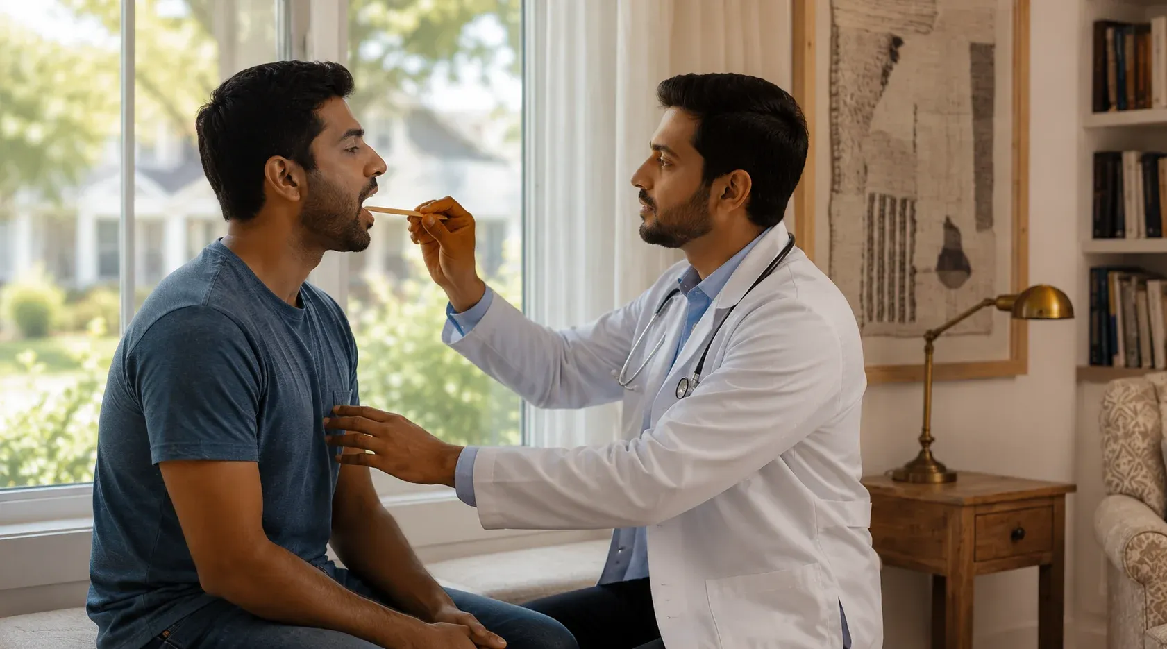Doctor examining a male patient during a full body health checkup at home in Dubai