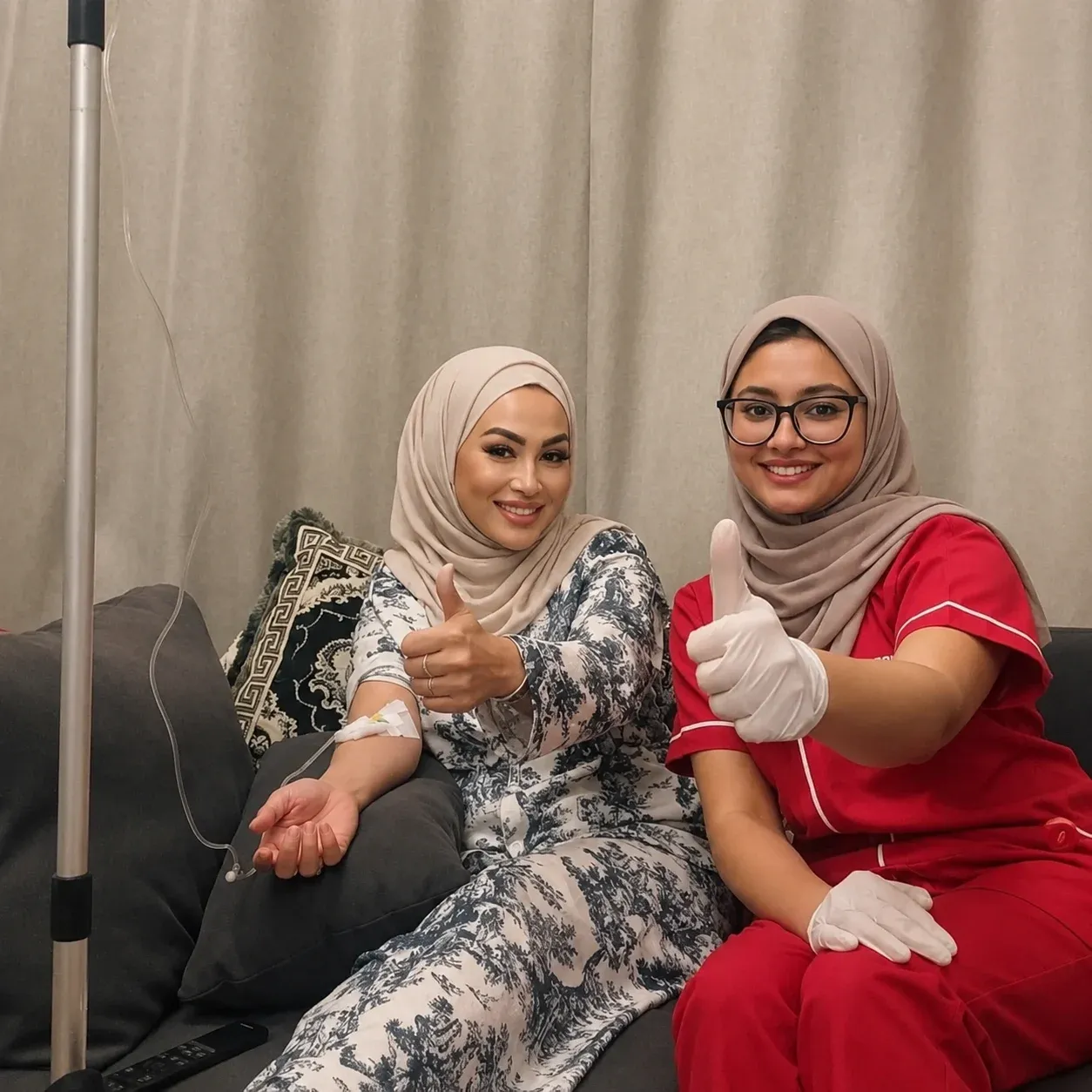 Home healthcare nurse providing supportive care to a patient during an IV therapy session at home.