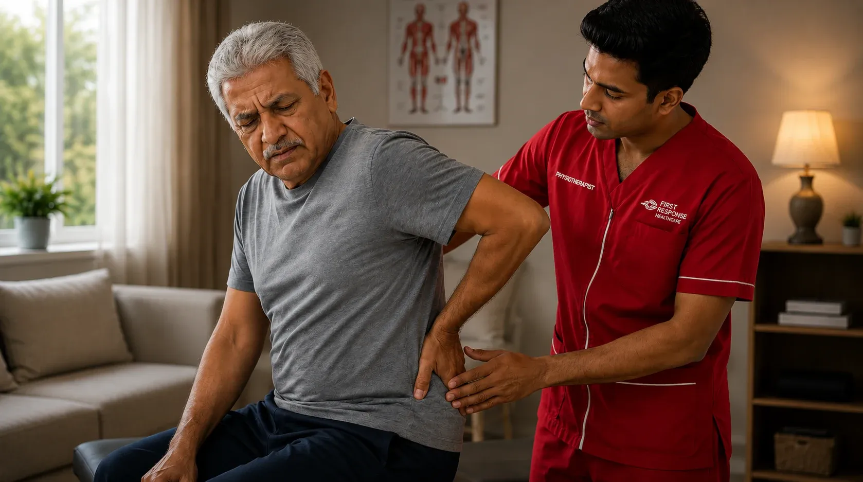 FRH physiotherapist examining a patient's lower back pain during a home visit in Dubai