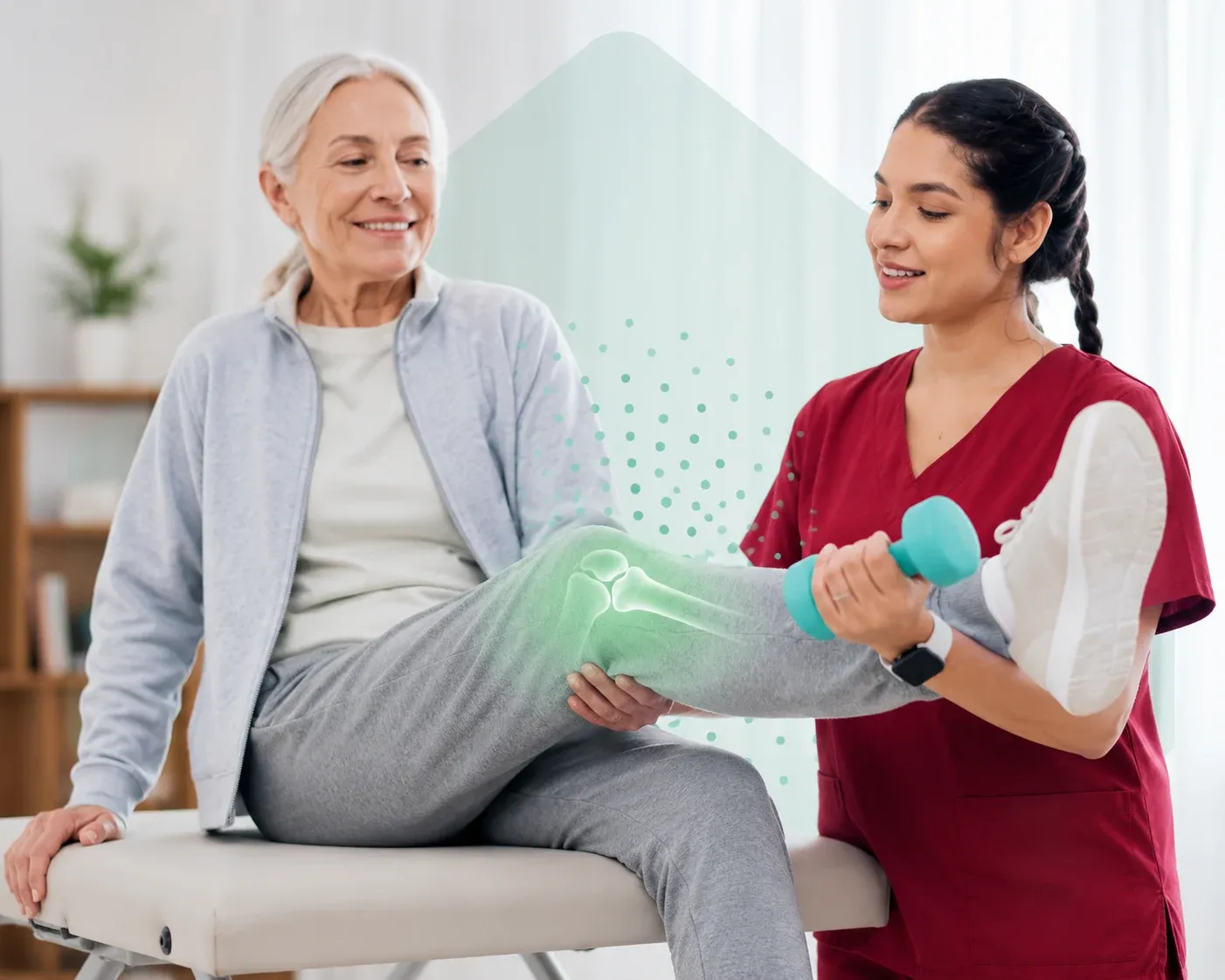 Physiotherapist guiding an elderly patient through knee strengthening exercises during knee pain physiotherapy at home in Dubai