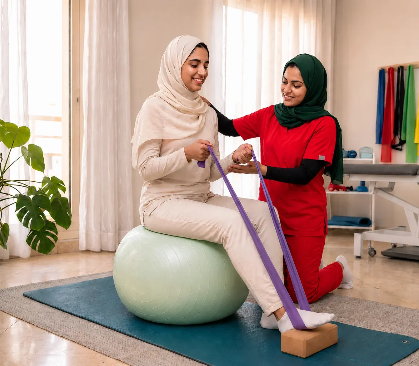Physiotherapist guiding patient through resistance band exercise while seated on stability ball