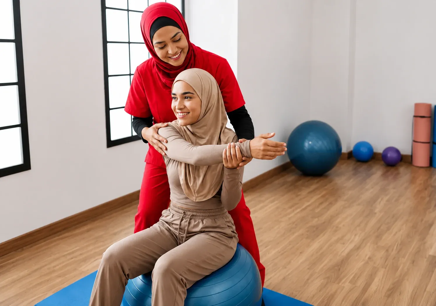 Physiotherapist guiding patient through shoulder stretch exercise while seated on stability ball