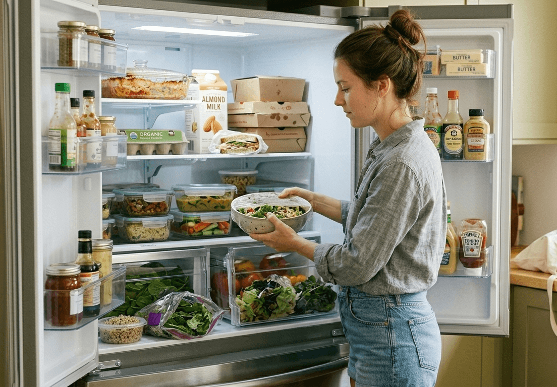 Woman storing food properly in a refrigerator to prevent food poisoning during Dubai summers