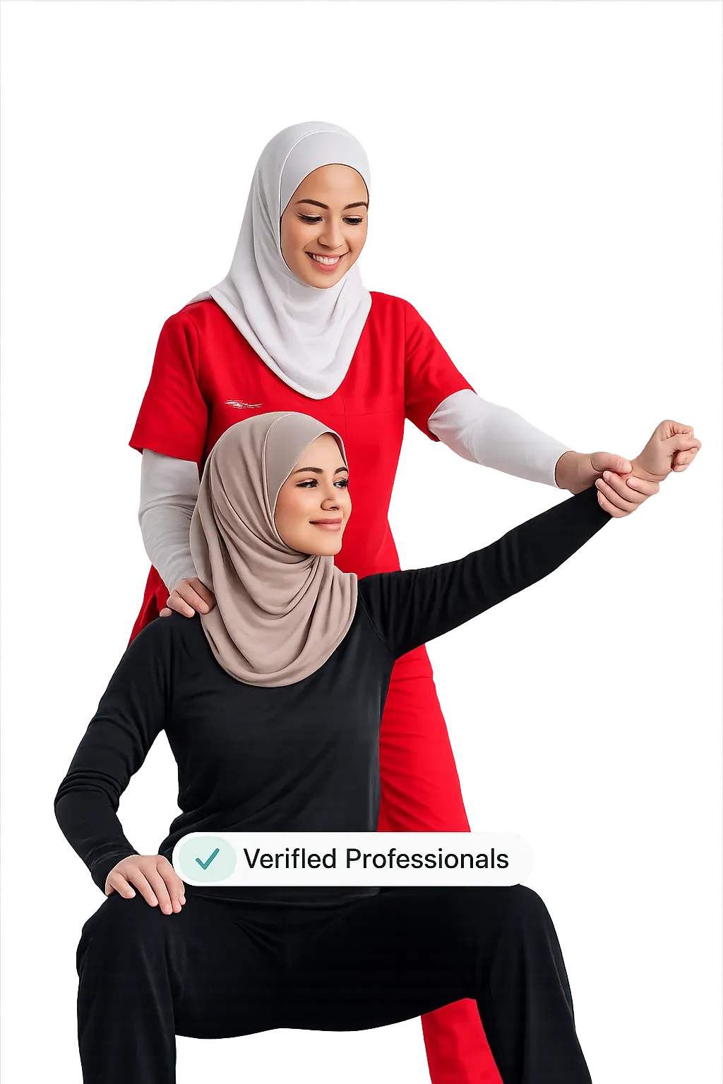 Verified physiotherapist assisting patient with arm mobility exercise for measurable recovery progress