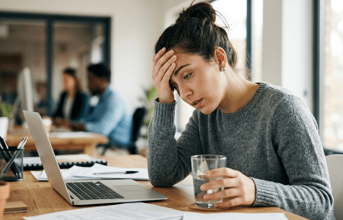Woman experiencing dehydration symptoms at work
