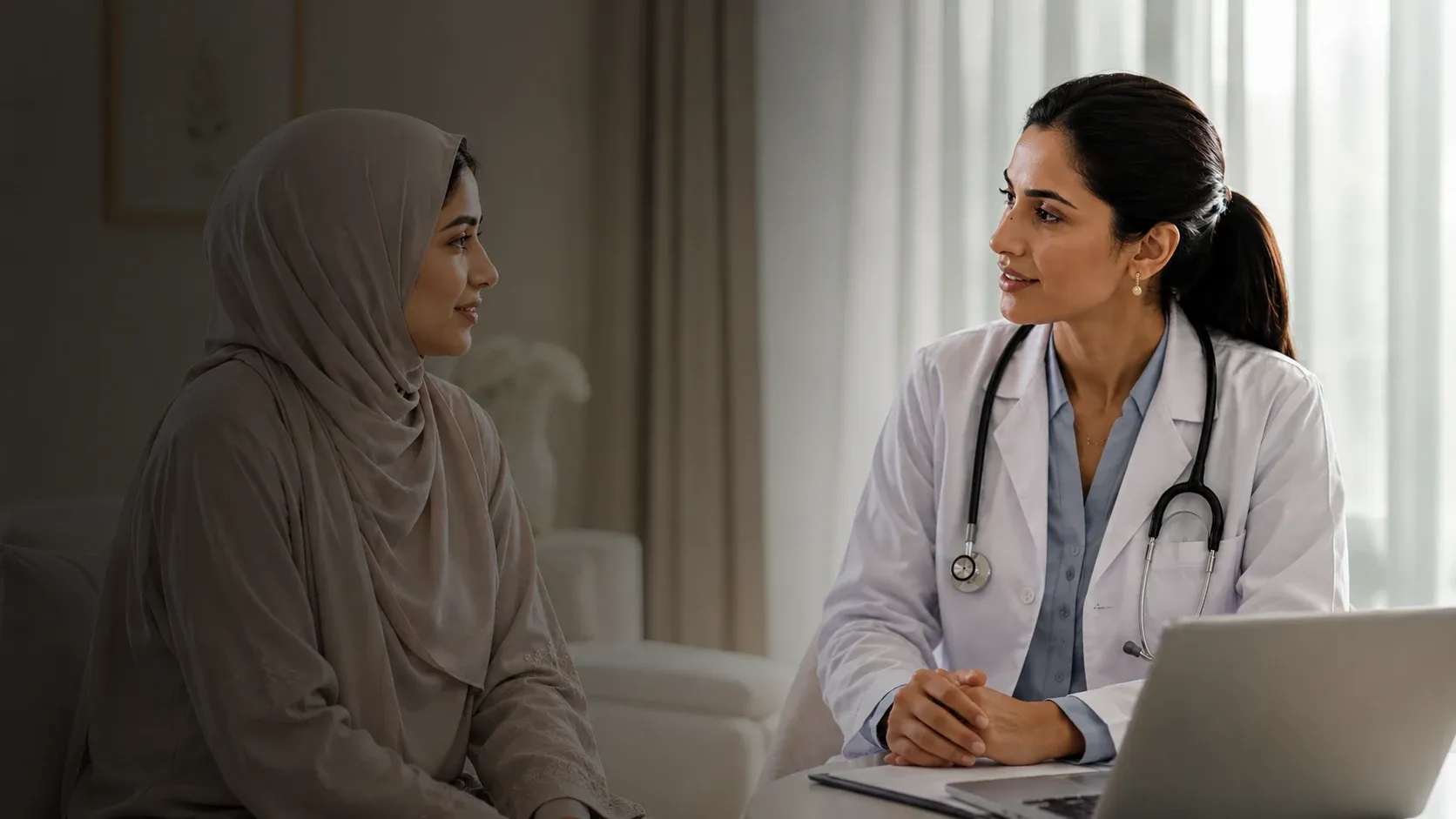 Doctor explaining full body health checkup results to a woman at home in Dubai